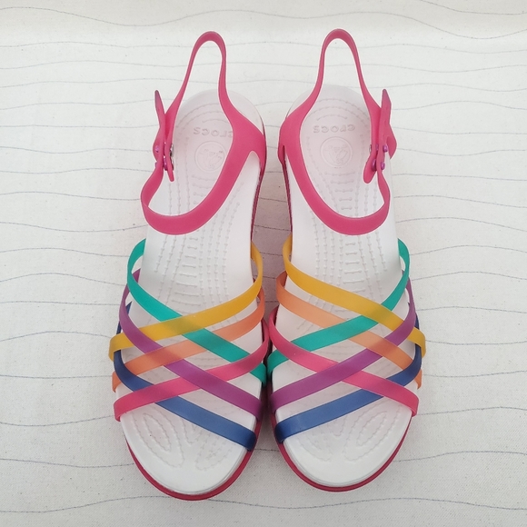 Crocs Womens Straps Pink Multicolor Wedge Heel Sandals Shoes 15392 Size 8 - Picture 3 of 12